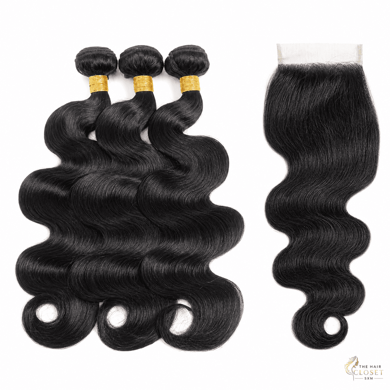 Natural-black body-wave bundles with a 5 by 5 frontal on a clean cream background