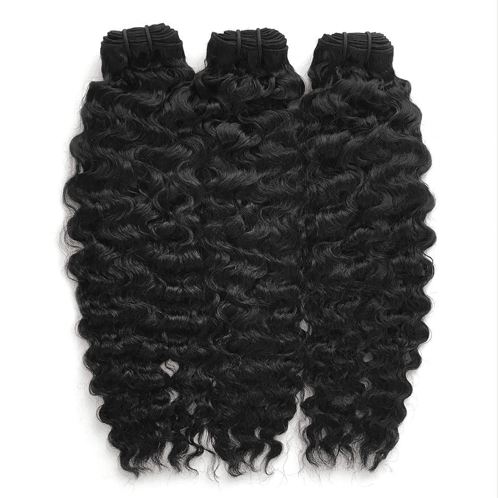 Three dark bundles showing a defined curly texture
