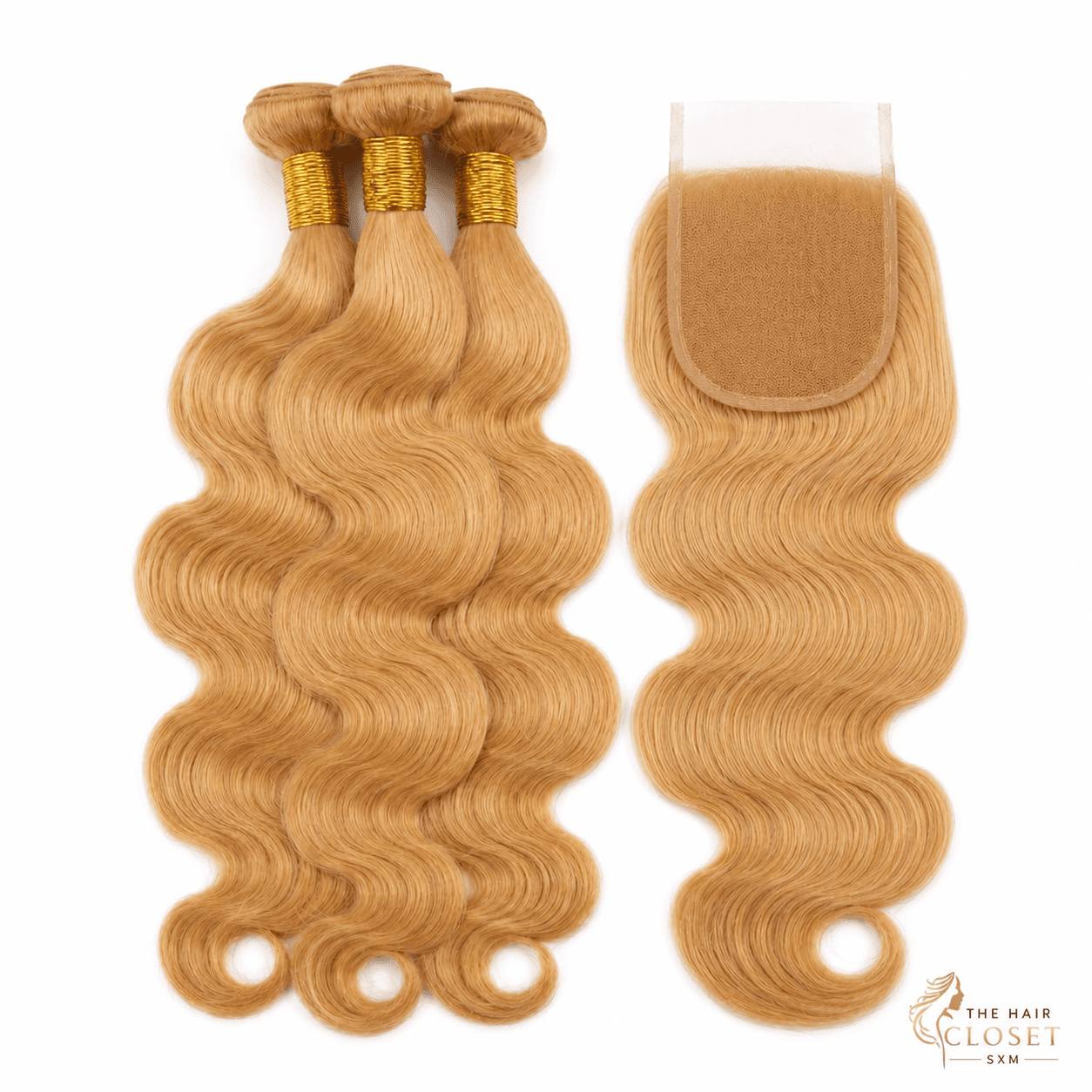 Colour 27 body-wave bundles with a 5 by 5 closure on a clean cream background