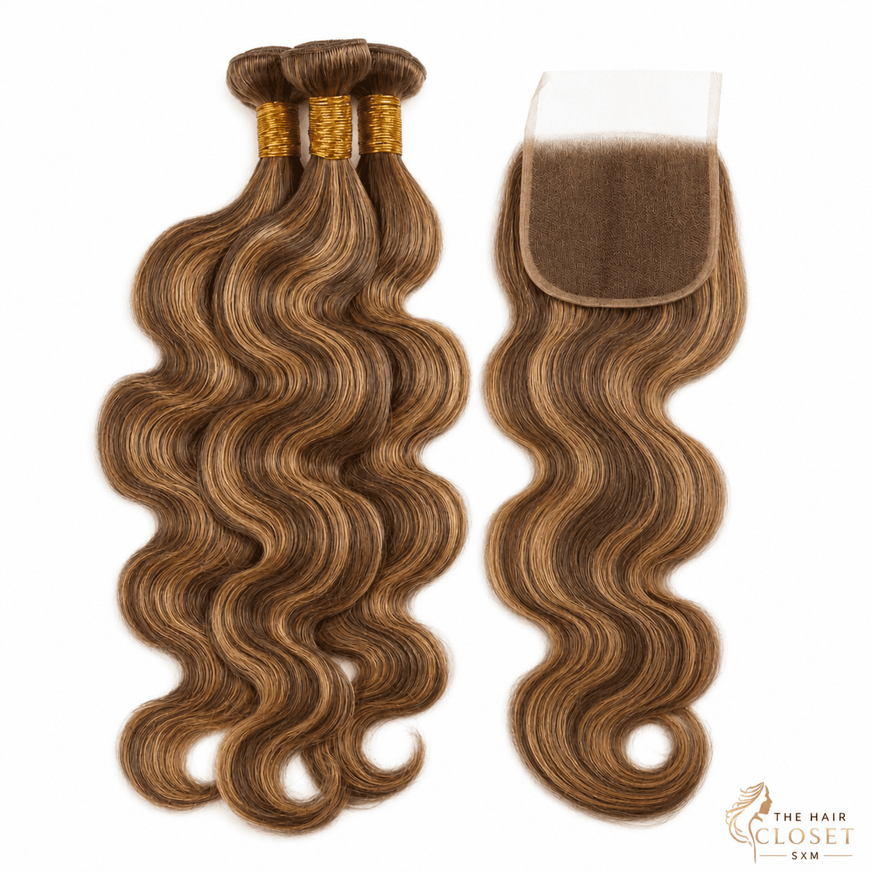 Colour 4/27 body-wave bundles with a 5 by 5 closure on a clean cream background