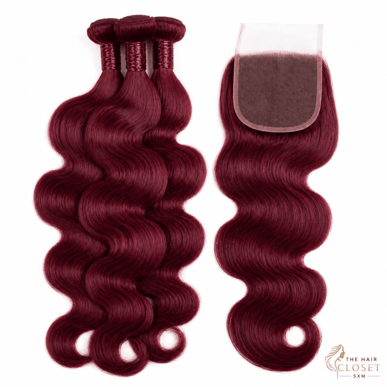 Colour 99J body-wave bundles with a 5 by 5 closure on a clean cream background