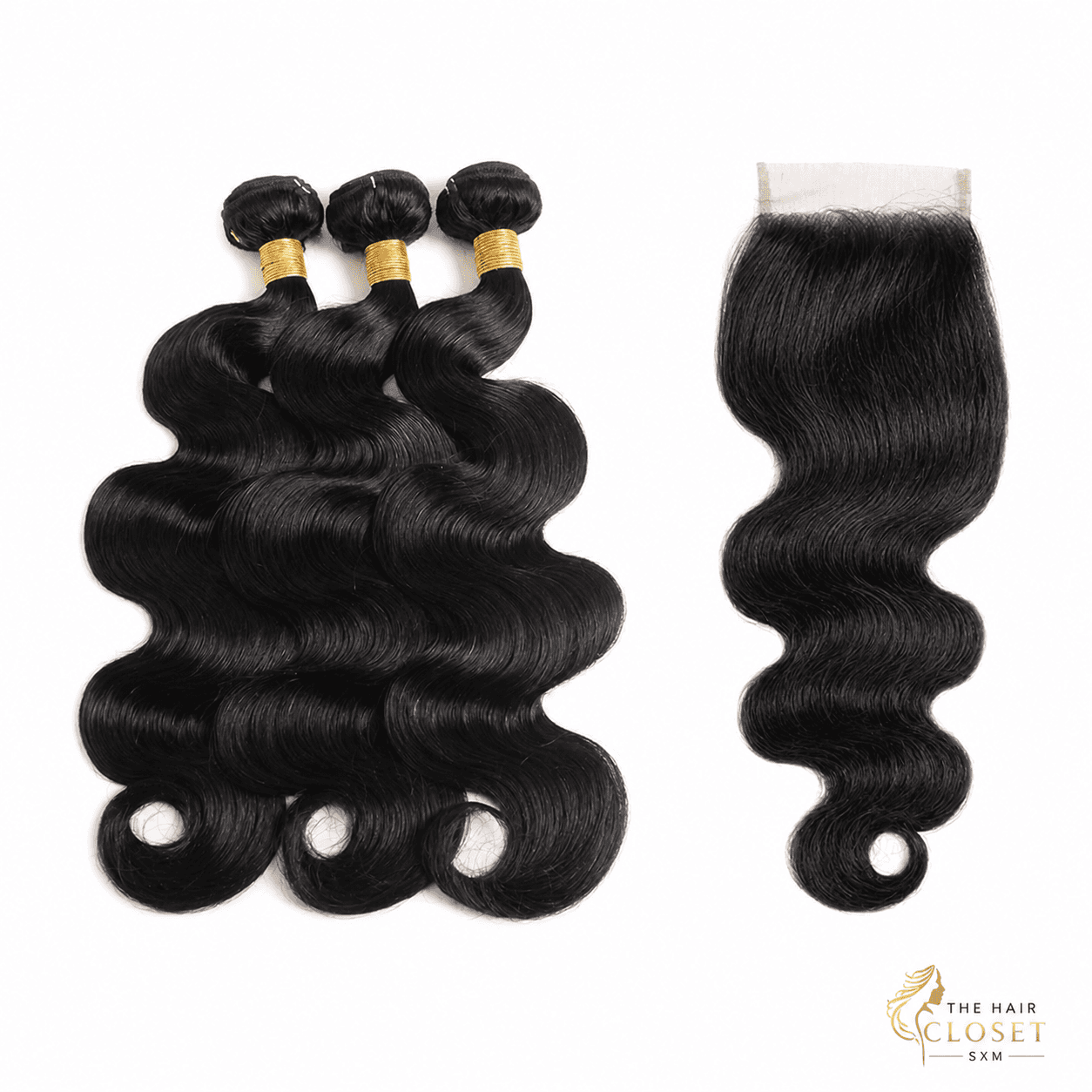Natural-black body-wave bundles with a 5 by 5 closure on a clean cream background