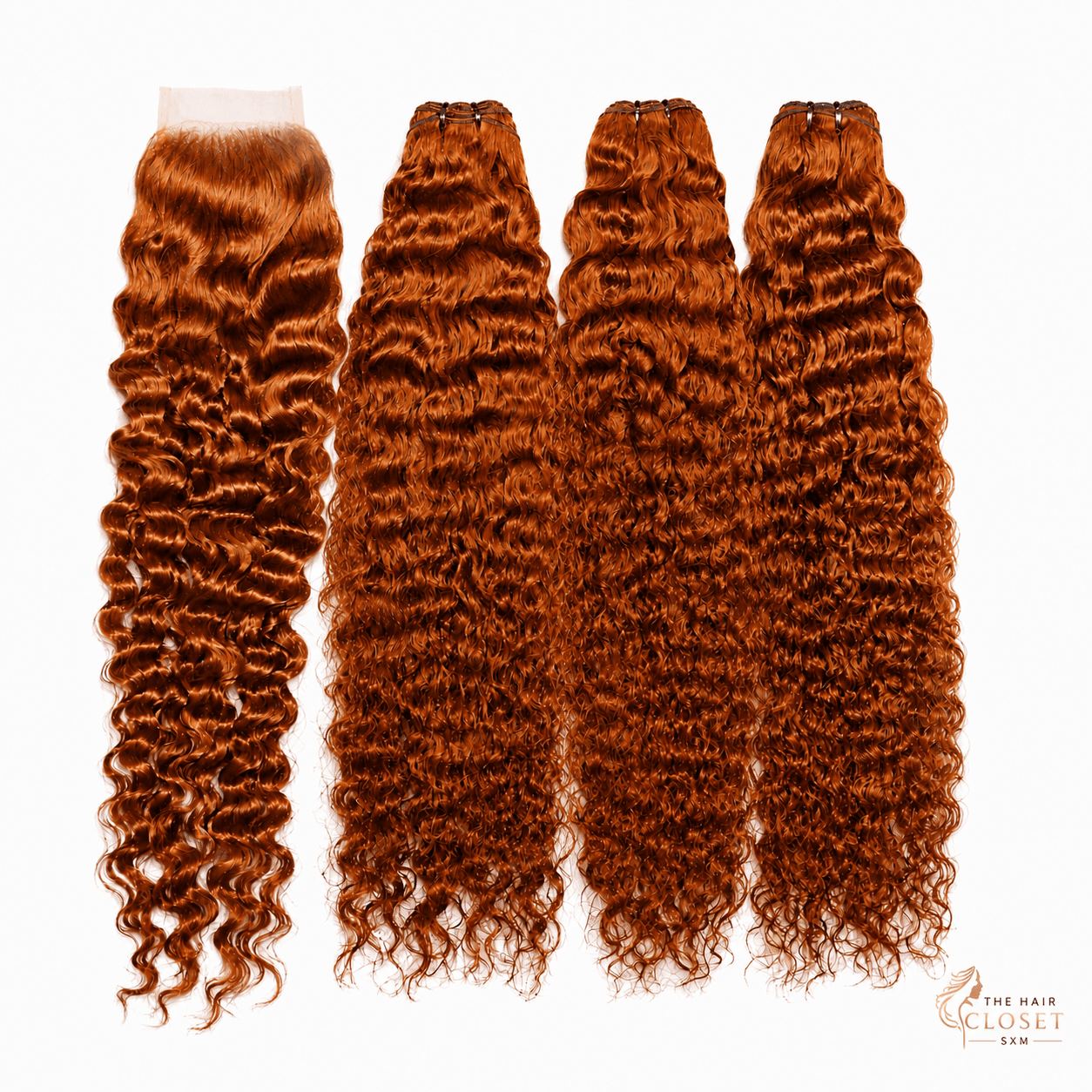 Colour 30 curly bundles with a 5 by 5 closure on a clean cream background