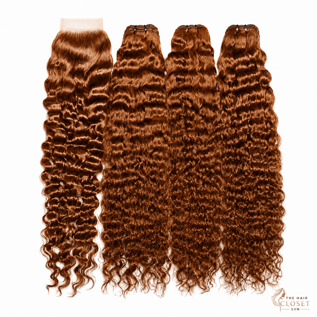 Colour 4 curly bundles with a 5 by 5 closure on a clean cream background