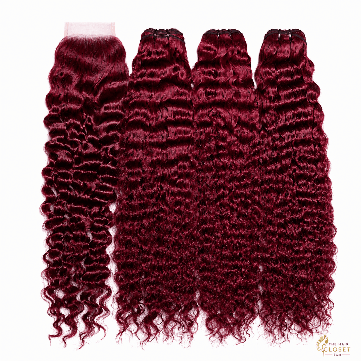 Colour 99J-1 curly bundles with a 5 by 5 closure on a clean cream background