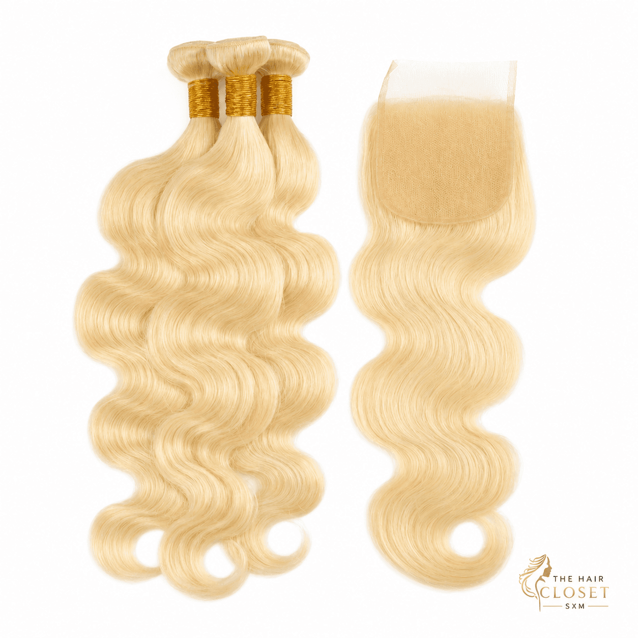 Colour 613 body-wave bundles with a 5 by 5 frontal on a clean cream background