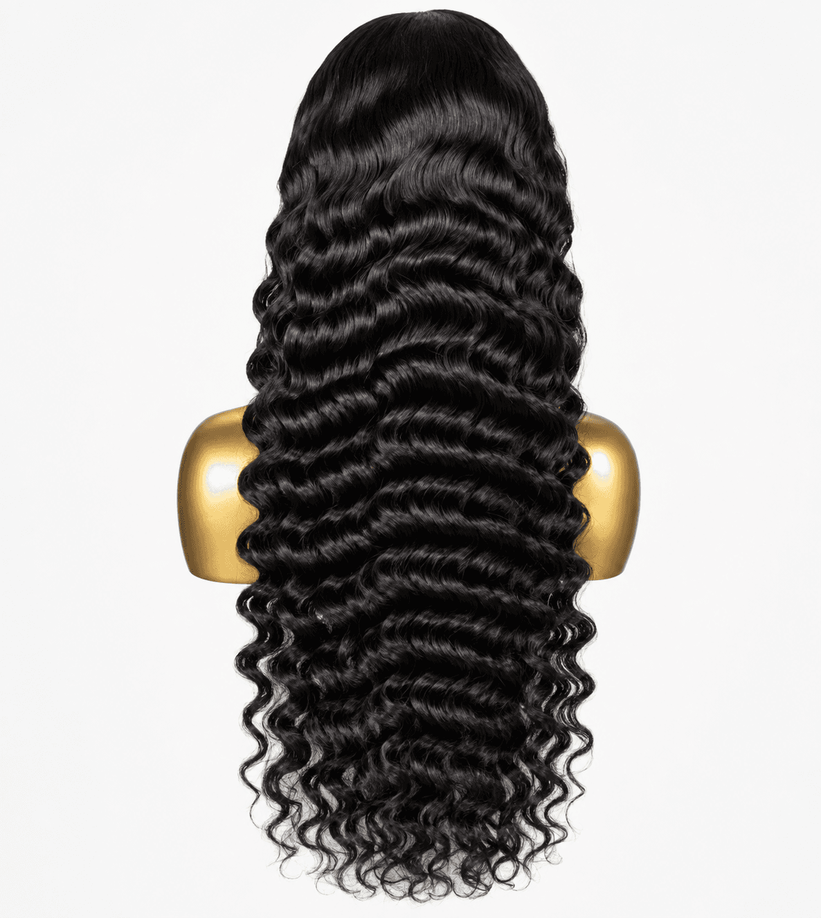 Dark loose deep-wave wig displayed on a mannequin
