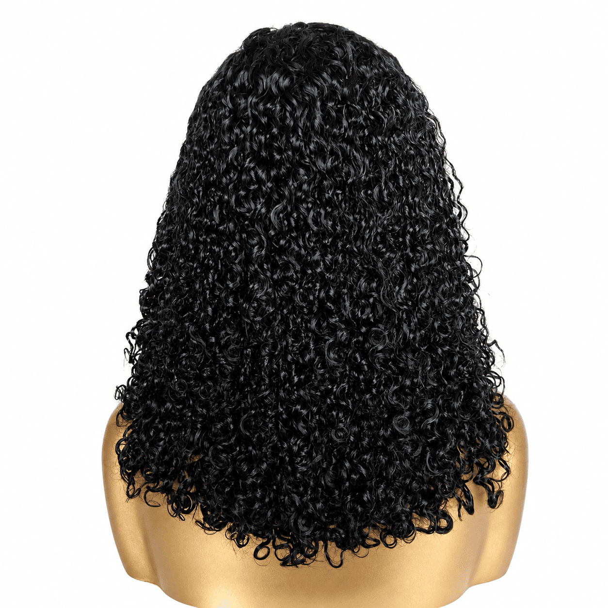 Dark pixie-curly wig on a clean cream background