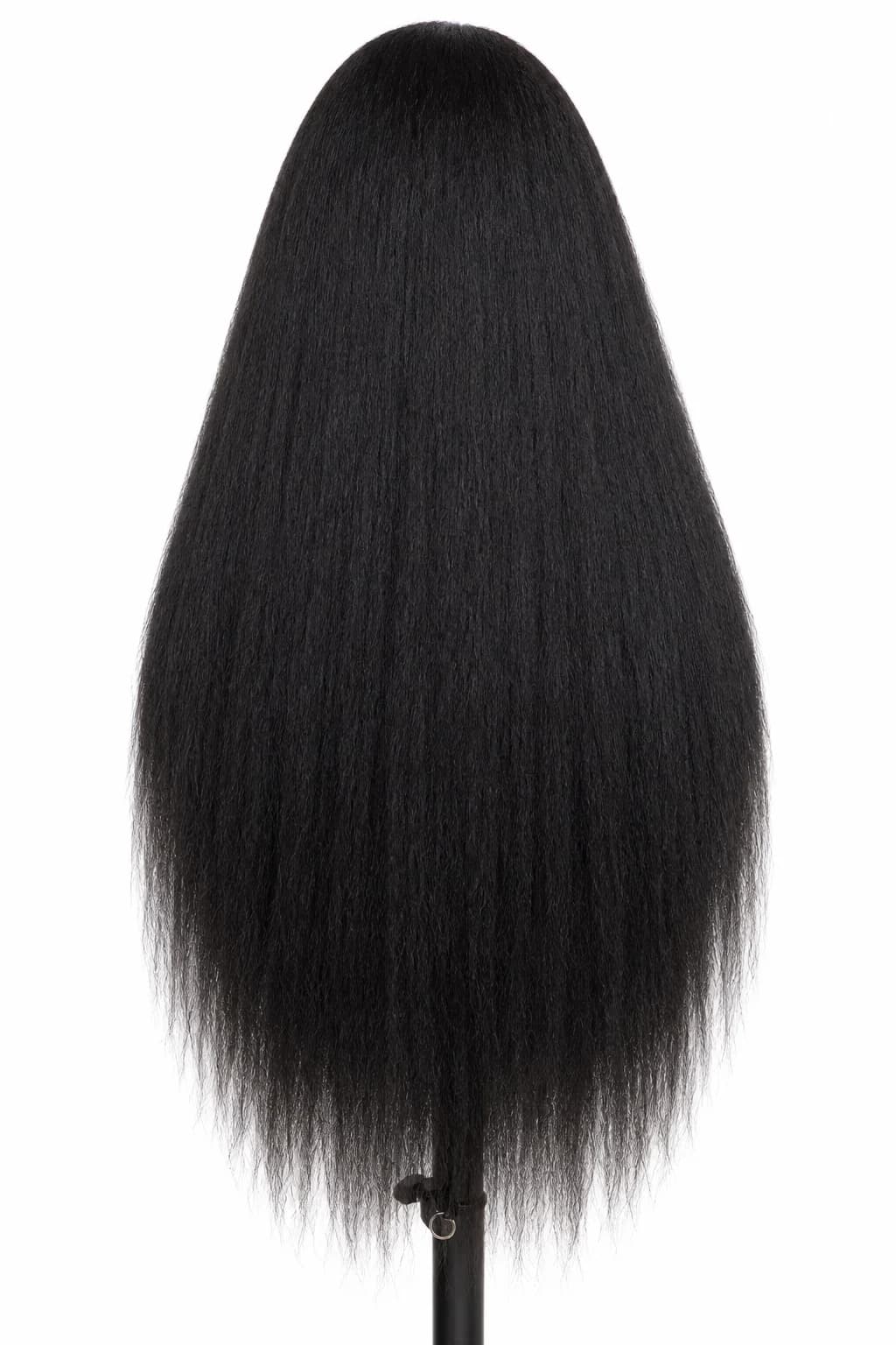 Dark kinky-straight wig on a clean cream background