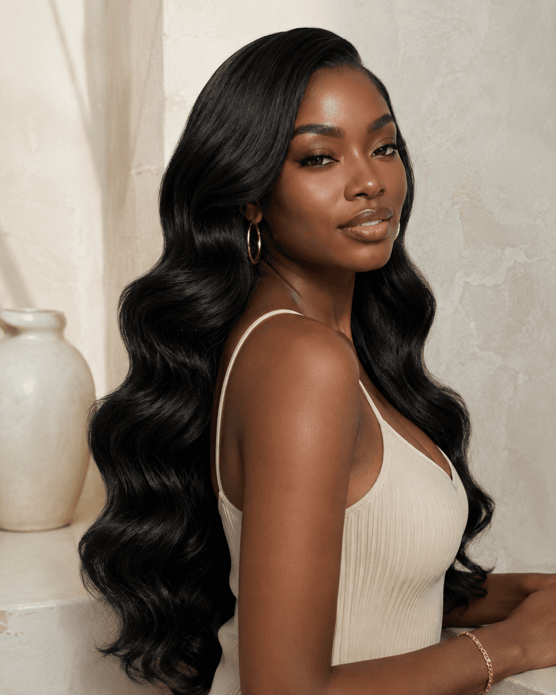 Editorial portrait showing long dark body-wave hair