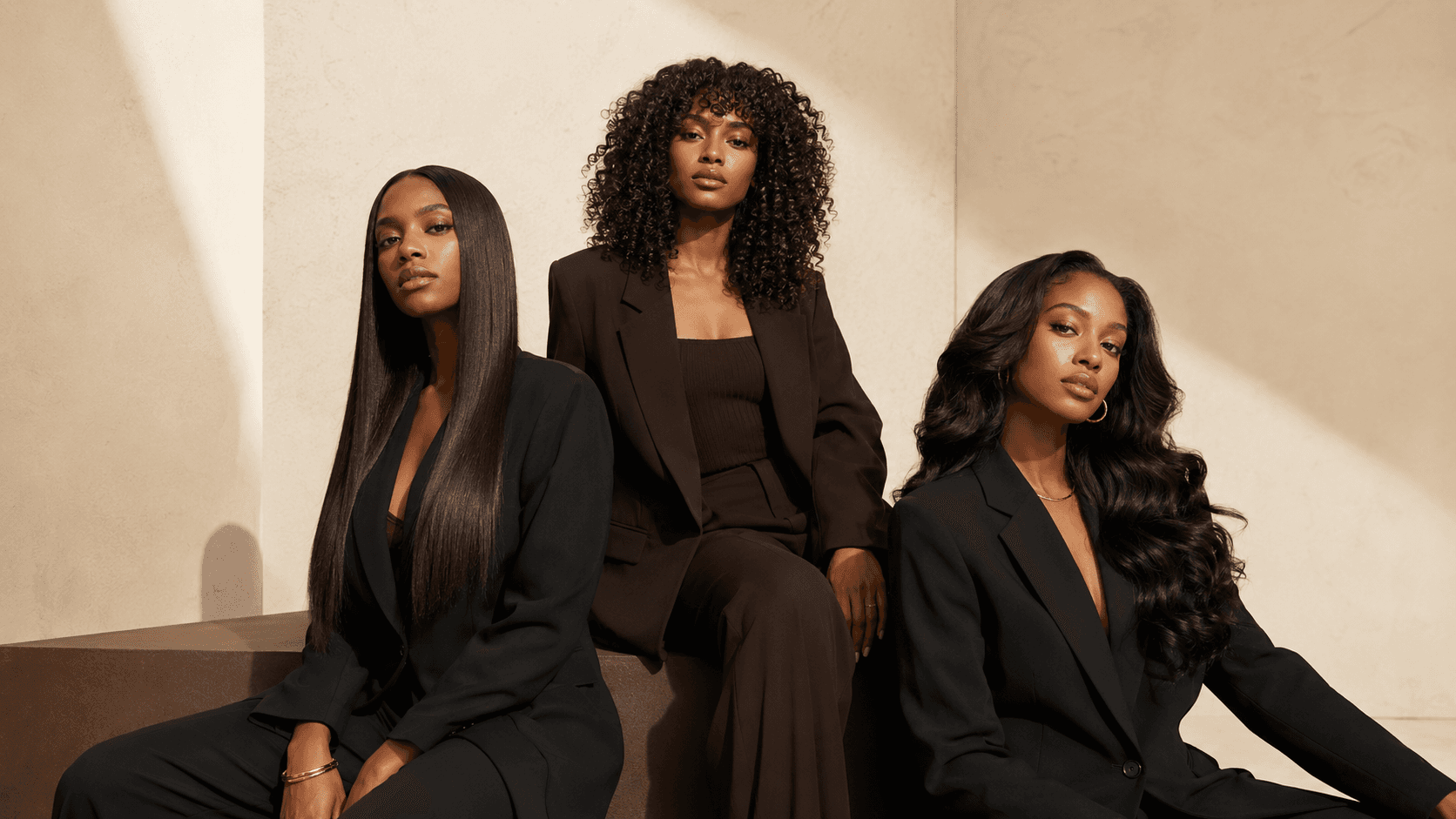 Three models displaying straight, curly and wavy dark hair textures